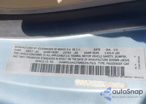 2010 Volkswagen New Beetle 2.5L из США, поврежденный, VIN 3VWRG3AG7AM026753